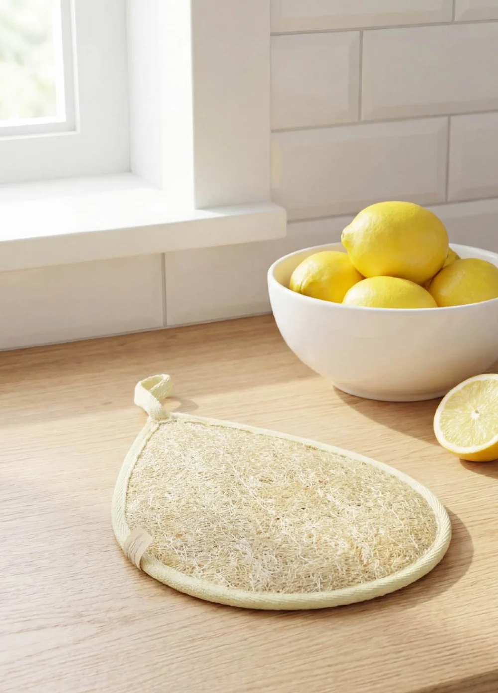 Teardrop loofah dish sponge on a kitchen counter beside a bowl of lemons