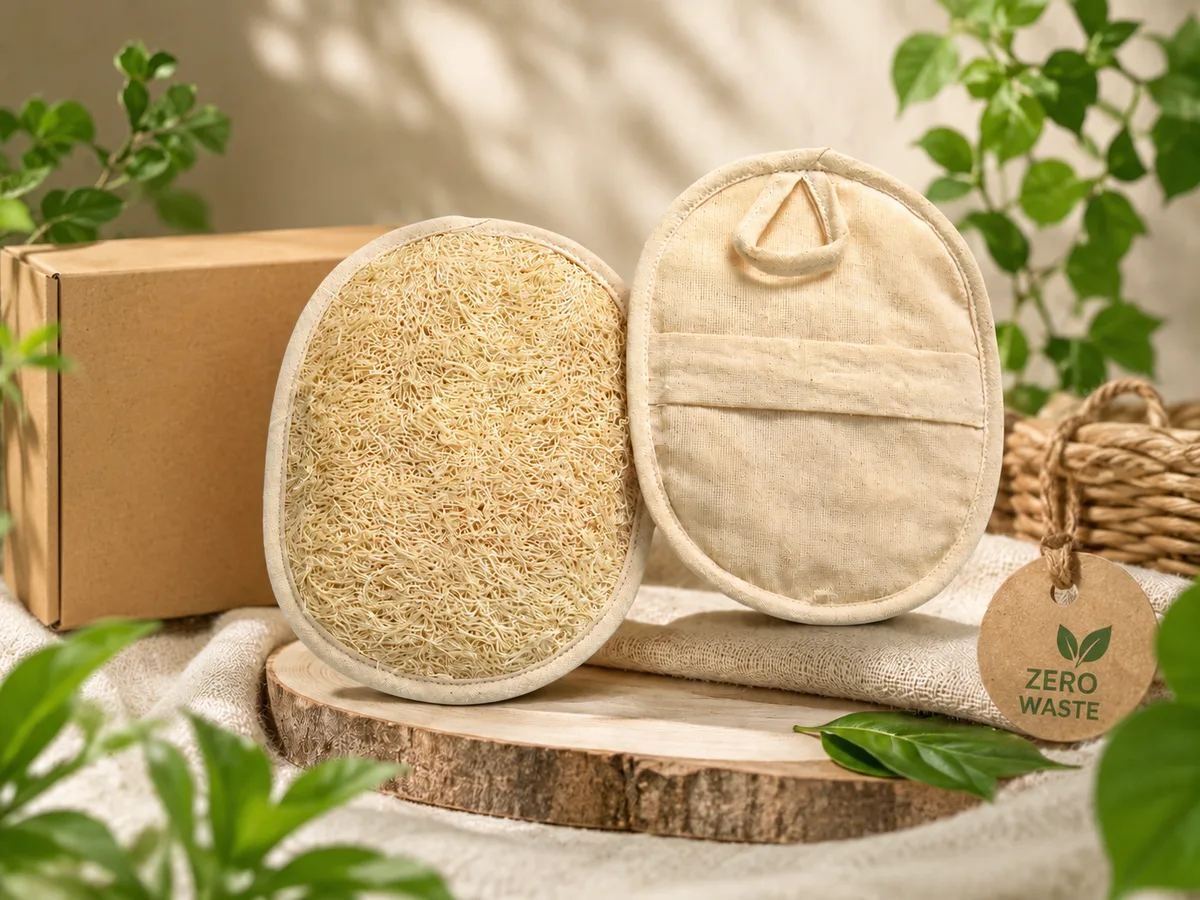 Two natural loofah bath pads with a kraft gift box on a wooden board